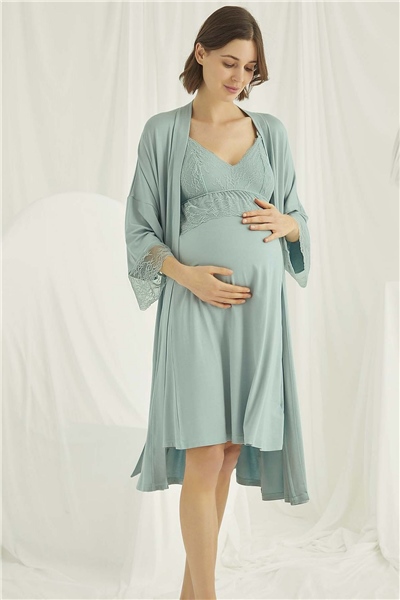 Monamise 18470 Hamile Lohusa Sabahlıklı Gecelik Takım-Açıkyeşil