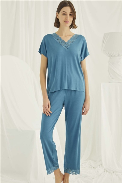 Monamise 18474 Kadın Kısa kollu Pijama Takım-Petrolmavisi