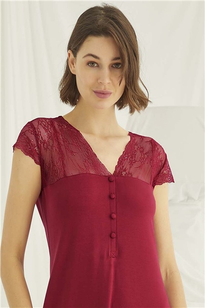 Monamise 18481 Kadın Kısa Kollu Gecelik-Kırmızı