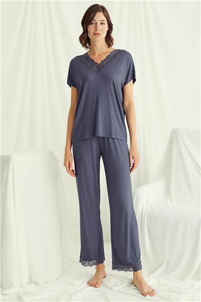 Monamise 18484 Kadın V Yaka  Kısa Kollu Pijama Takımı-Lacivert