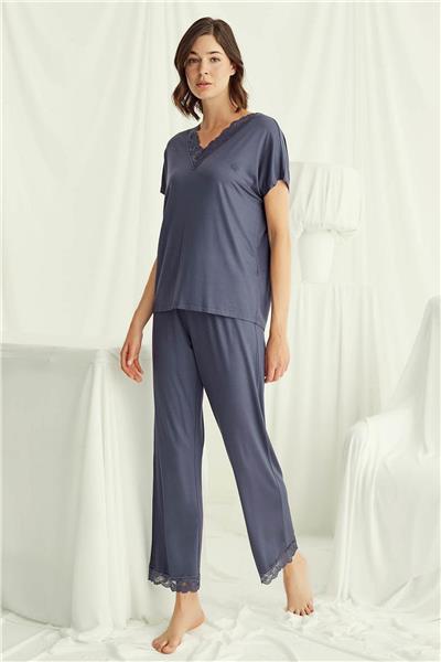 Monamise 18484 Kadın V Yaka  Kısa Kollu Pijama Takımı-Lacivert