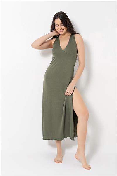 Monamise 18485 Kadın Kalın Askılı Göğüs ve Sırt Dekoteli Brode Dantelli Yırtmaçlı Gecelik-Haki