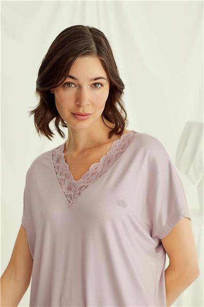 Monamise 18486 Kadın V Yaka  Kısa Kollu Pijama Takımı-Vizon