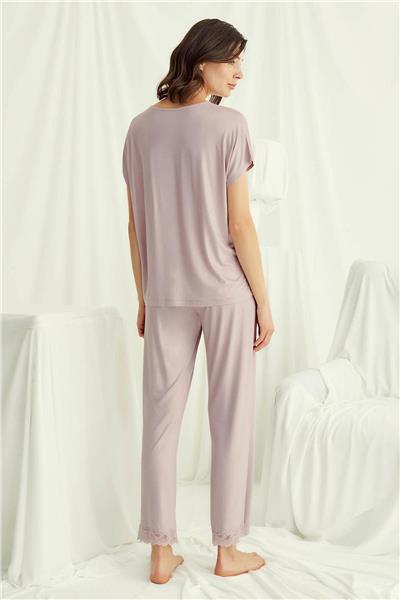 Monamise 18486 Kadın V Yaka  Kısa Kollu Pijama Takımı-Vizon