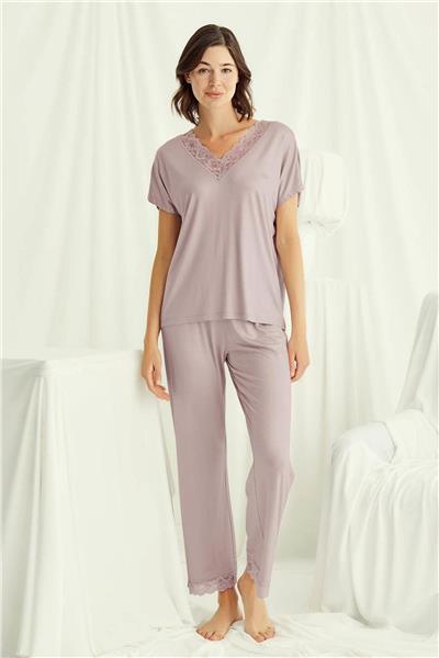 Monamise 18486 Kadın V Yaka  Kısa Kollu Pijama Takımı-Vizon