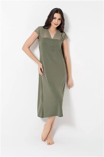 Monamise 18487 Kadın Kısa Kollu Brode Dantelli Gecelik-Haki