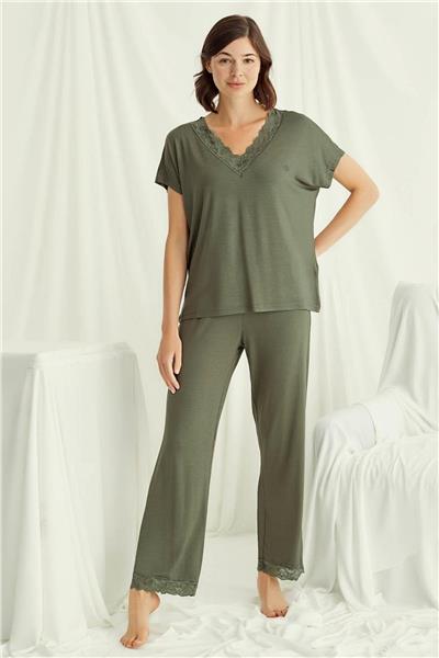 Monamise 18488 Kadın V Yaka  Kısa Kollu Pijama Takımı-Haki