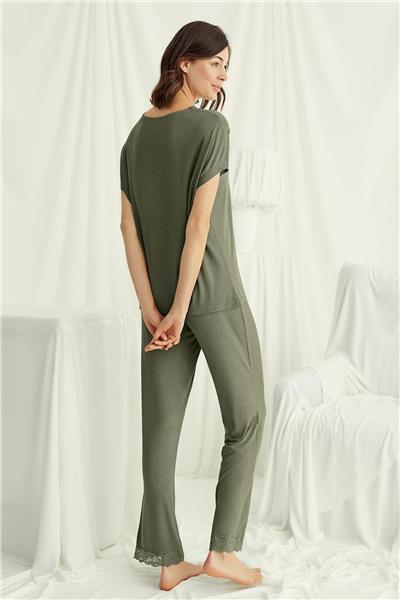 Monamise 18488 Kadın V Yaka  Kısa Kollu Pijama Takımı-Haki