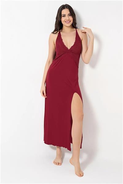 Monamise 18491 Kadın İp Askılı Göğüs Ve Sırt Dekolteli Dantelli Yırtmaçlı Gecelik -Kırmızı