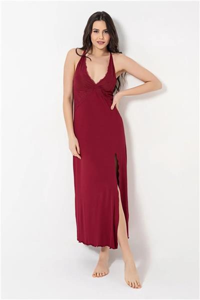 Monamise 18491 Kadın İp Askılı Göğüs Ve Sırt Dekolteli Dantelli Yırtmaçlı Gecelik -Kırmızı