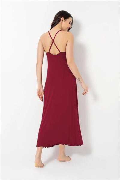 Monamise 18491 Kadın İp Askılı Göğüs Ve Sırt Dekolteli Dantelli Yırtmaçlı Gecelik -Kırmızı