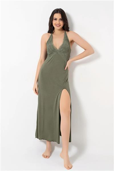 Monamise 18493 Kadın İp Askılı Göğüs Ve Sırt Dekolteli Dantelli Yırtmaçlı Gecelik -Haki