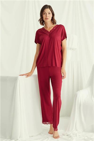 Monamise 18495 Kadın V Yaka  Kısa Kollu Pijama Takımı-Kırmızı