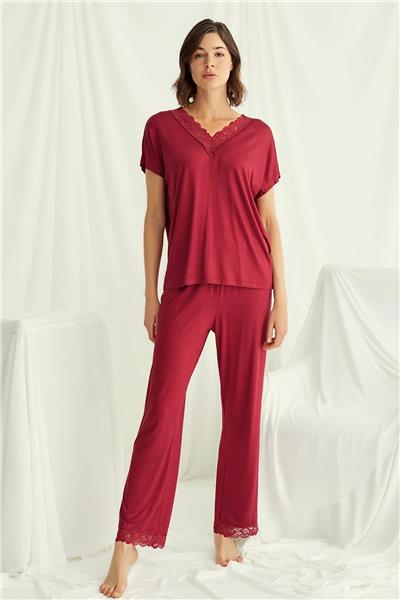 Monamise 18495 Kadın V Yaka  Kısa Kollu Pijama Takımı-Kırmızı