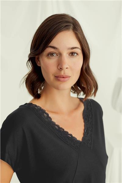 Monamise 18496 Kadın V Yaka  Kısa Kollu Şortlu Pijama Takımı-Siyah