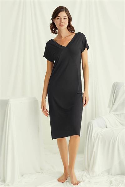 Monamise 18497 Kadın V Yaka  Kısa Kollu Gecelik-Siyah