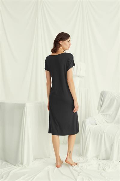 Monamise 18497 Kadın V Yaka  Kısa Kollu Gecelik-Siyah