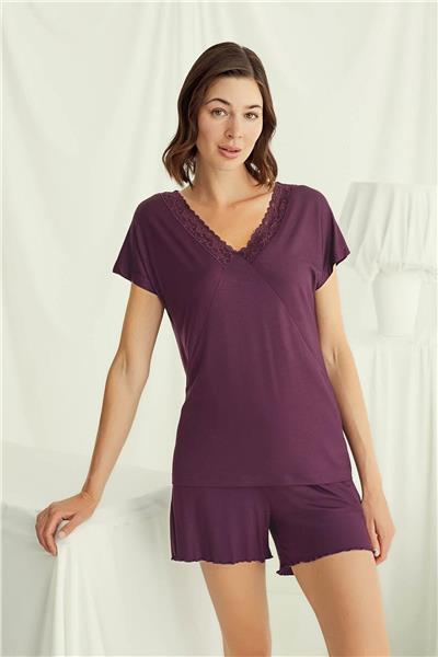 Monamise 18499 Kadın V Yaka  Kısa Kollu Şortlu Pijama Takımı-Bordo