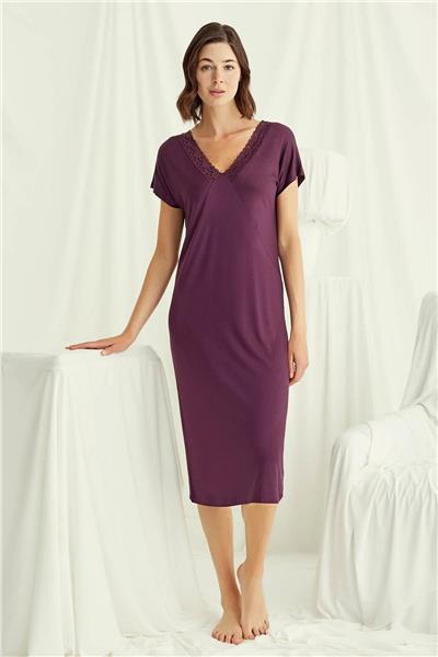 Monamise 18500 Kadın V Yaka  Kısa Kollu Gecelik-Bordo