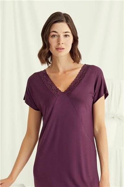 Monamise 18500 Kadın V Yaka  Kısa Kollu Gecelik-Bordo