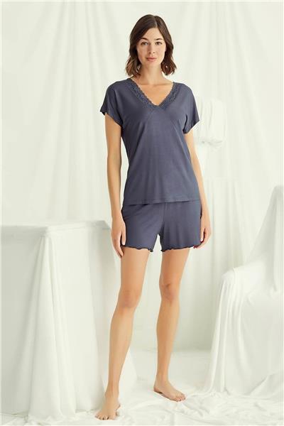 Monamise 18502 Kadın V Yaka  Kısa Kollu Şortlu Pijama Takımı-Lacivert