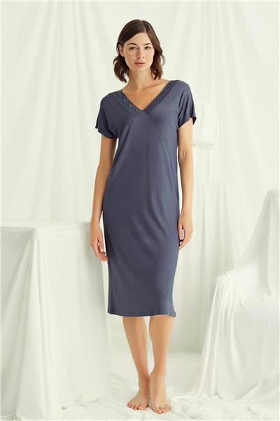 Monamise 18503 Kadın V Yaka  Kısa Kollu Gecelik-Lacivert