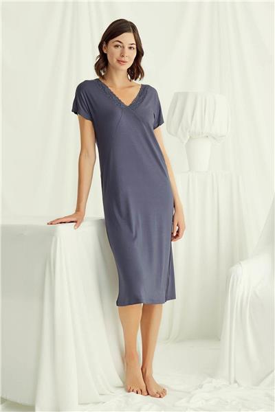 Monamise 18503 Kadın V Yaka  Kısa Kollu Gecelik-Lacivert