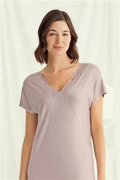 Monamise 18504 Kadın V Yaka  Kısa Kollu Gecelik-Vizon