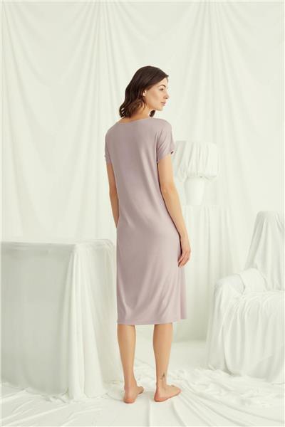 Monamise 18504 Kadın V Yaka  Kısa Kollu Gecelik-Vizon