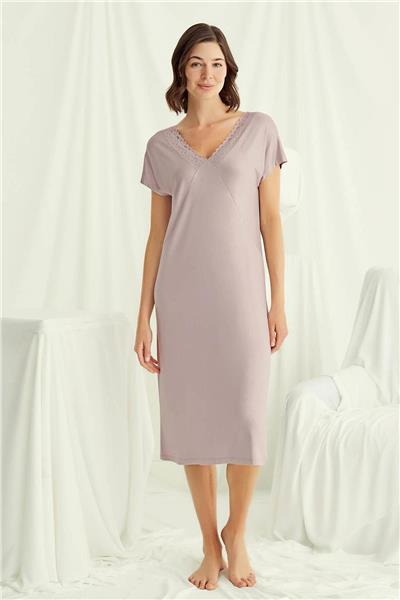 Monamise 18504 Kadın V Yaka  Kısa Kollu Gecelik-Vizon