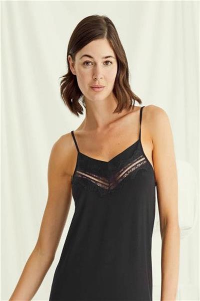 Monamise 18507 Kadın İp Askılı Gecelik Sabahlık Takım-Siyah