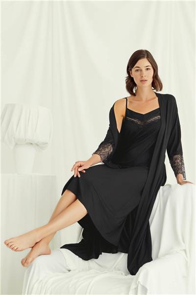 Monamise 18507 Kadın İp Askılı Gecelik Sabahlık Takım-Siyah