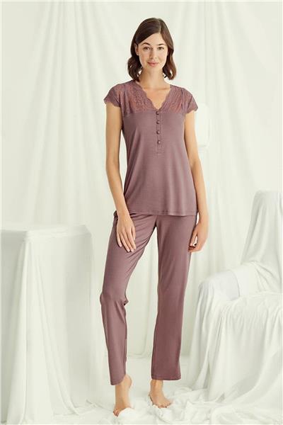 Monamise 18509 Kadın V Yaka Dantelli Düğmeli Kısa Kollu Pijama Takımı-Kahve