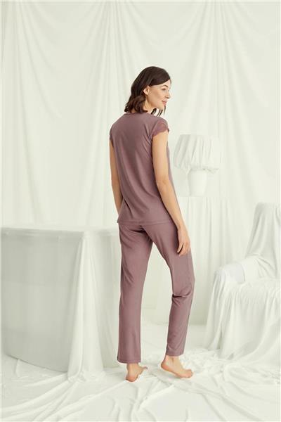 Monamise 18509 Kadın V Yaka Dantelli Düğmeli Kısa Kollu Pijama Takımı-Kahve