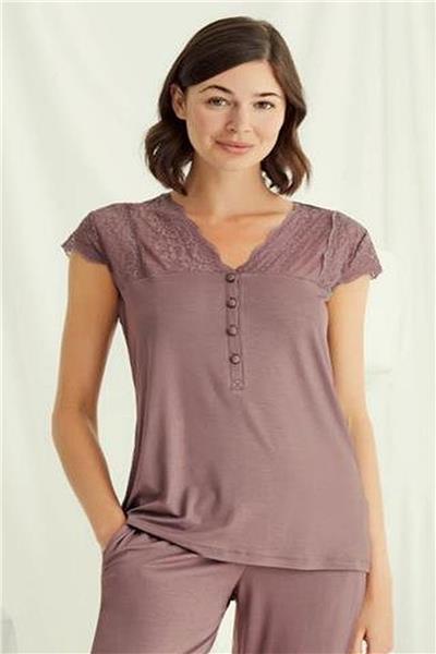 Monamise 18509 Kadın V Yaka Dantelli Düğmeli Kısa Kollu Pijama Takımı-Kahve
