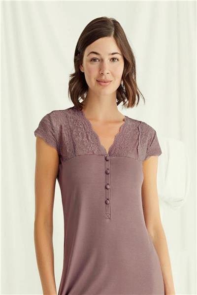 Monamise 18510 Kadın V Yaka Dantelli Düğmeli Kısa Kollu Gecelik-Kahve