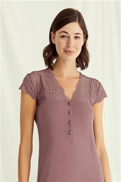 Monamise 18511 Kadın V Yaka Dantelli Düğmeli Kısa Kollu Gecelik-Kahve