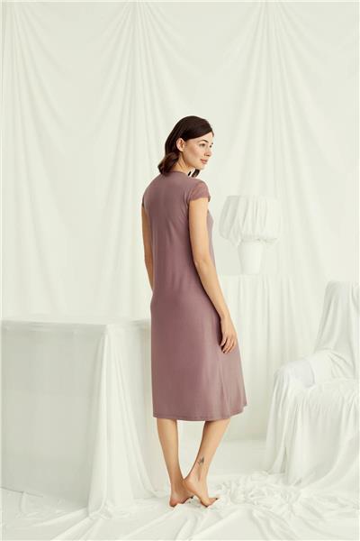 Monamise 18511 Kadın V Yaka Dantelli Düğmeli Kısa Kollu Gecelik-Kahve