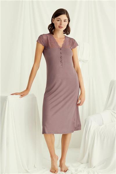 Monamise 18511 Kadın V Yaka Dantelli Düğmeli Kısa Kollu Gecelik-Kahve