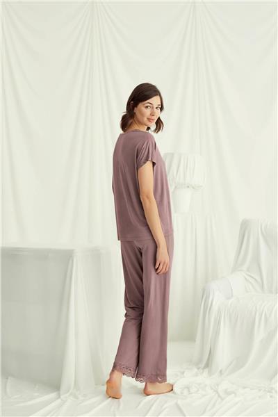 Monamise 18512 Kadın V Yaka  Kısa Kollu Pijama Takımı-Kahve