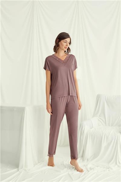 Monamise 18512 Kadın V Yaka  Kısa Kollu Pijama Takımı-Kahve