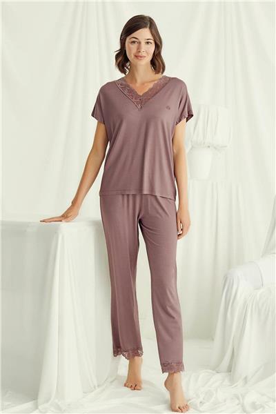 Monamise 18512 Kadın V Yaka  Kısa Kollu Pijama Takımı-Kahve