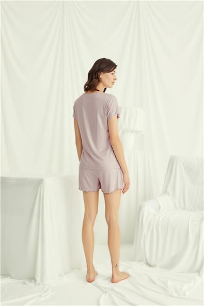 Monamise 18514 Kadın V Yaka  Kısa Kollu Şortlu Pijama Takımı-Vizon