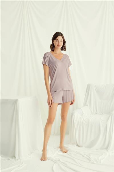 Monamise 18514 Kadın V Yaka  Kısa Kollu Şortlu Pijama Takımı-Vizon