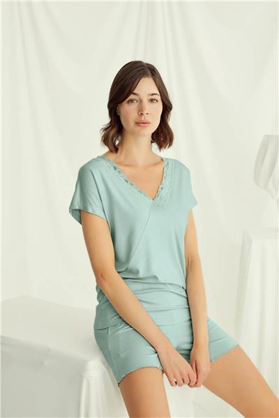 Monamise 18515 Kadın V Yaka  Kısa Kollu Şortlu Pijama Takımı-Açıkyeşil