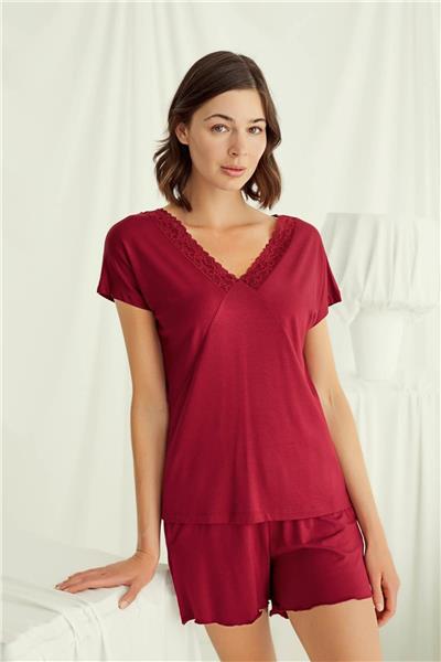 Monamise 18516 Kadın V Yaka  Kısa Kollu Şortlu Pijama Takımı-Kırmızı