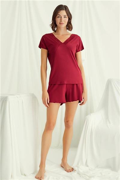 Monamise 18516 Kadın V Yaka  Kısa Kollu Şortlu Pijama Takımı-Kırmızı