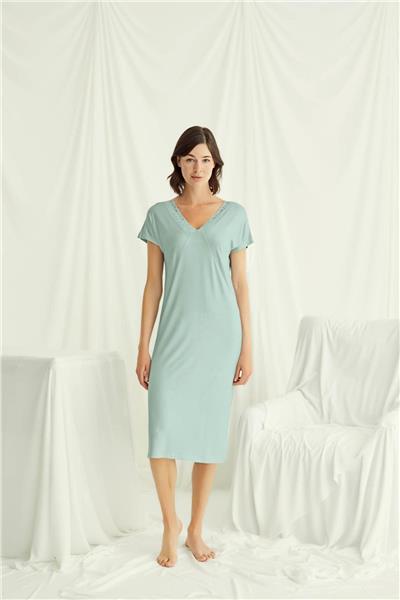 Monamise 18517 Kadın V Yaka Dantelli Düğmeli Kısa Kollu Gecelik-Açıkyeşil