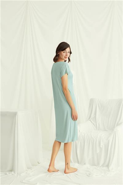 Monamise 18517 Kadın V Yaka Dantelli Düğmeli Kısa Kollu Gecelik-Açıkyeşil