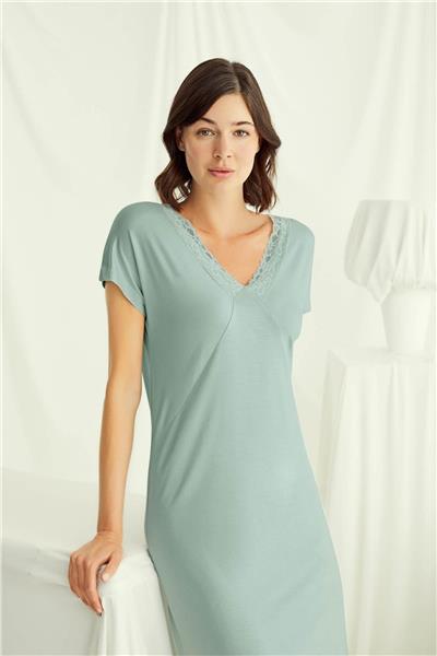 Monamise 18517 Kadın V Yaka Dantelli Düğmeli Kısa Kollu Gecelik-Açıkyeşil